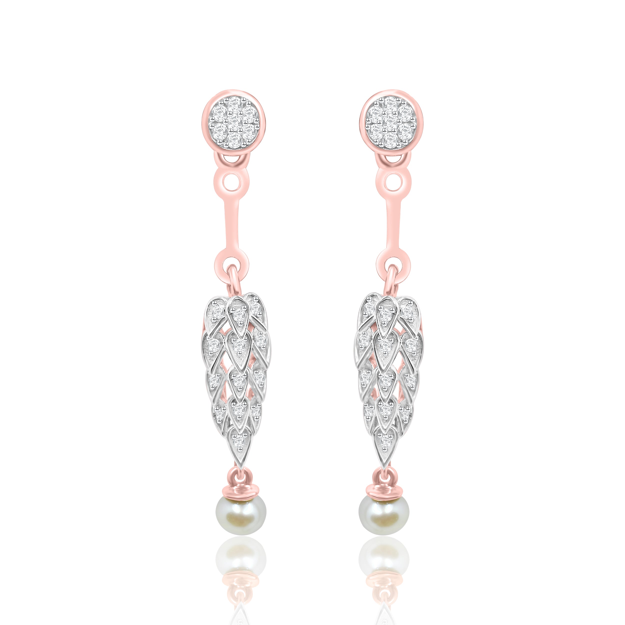 Leaf Hanging Pearl Diamond Earrings