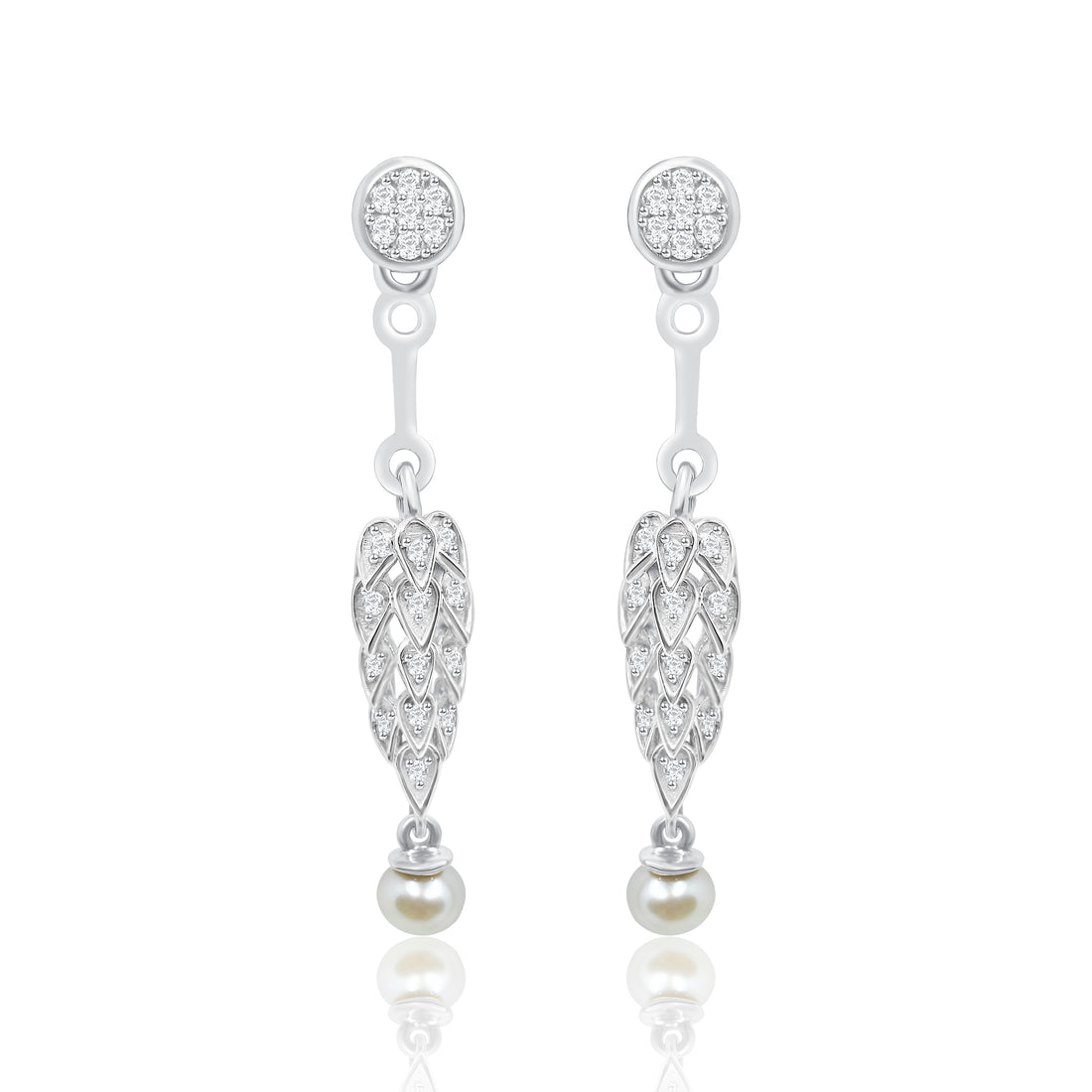 Leaf Hanging Pearl Diamond Earrings
