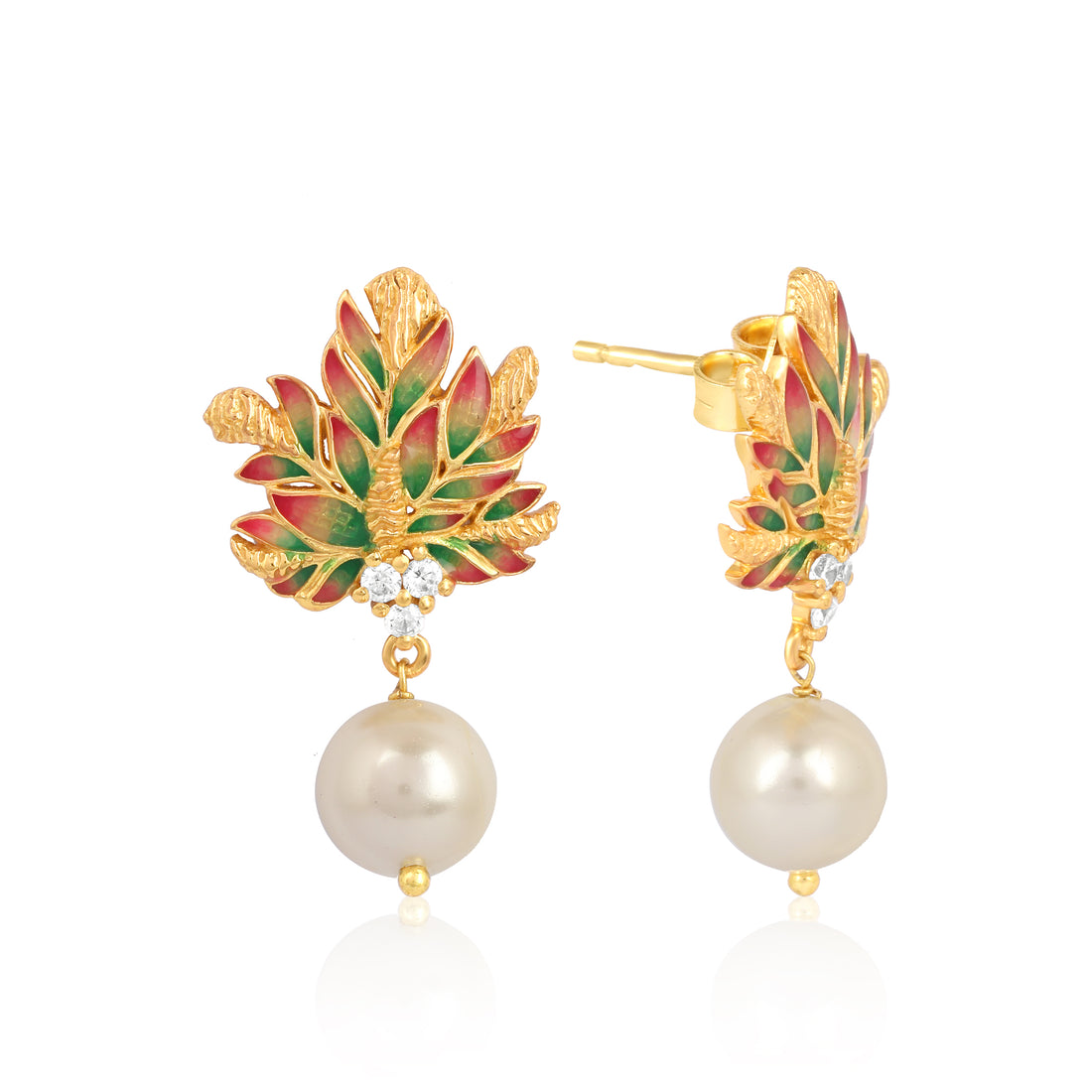 Pink and Green leaf Pearl Earrings