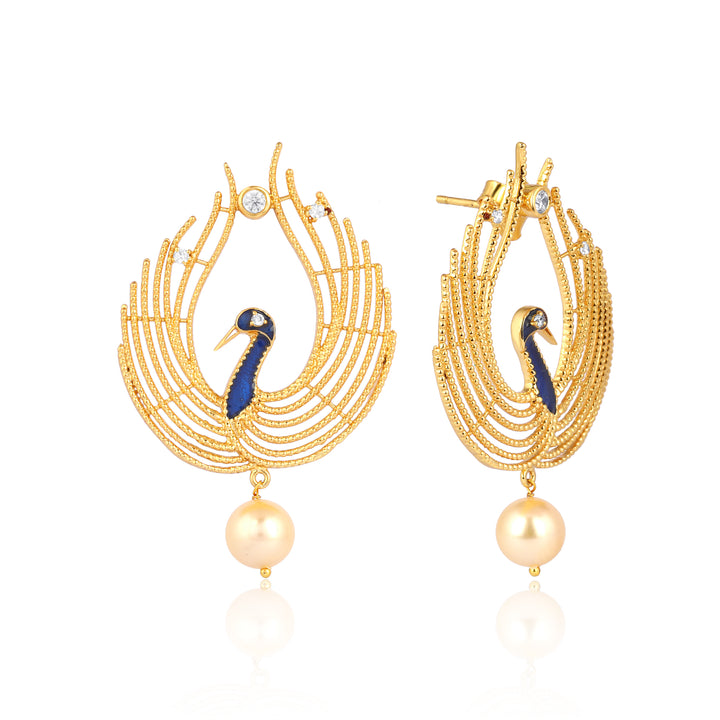 Peacock Open Feather Pearl Earrings